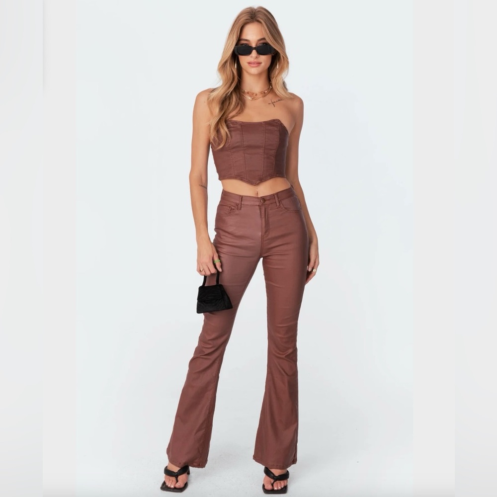 Viral Edikted Leather Flare Pant in Chocolate Brown
